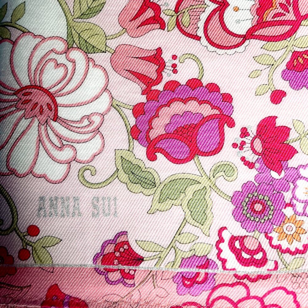 Anna Sui Pink Floral Cotton Scarf 22” Square Metallic Thread Boho Romantic - Picture 5 of 14